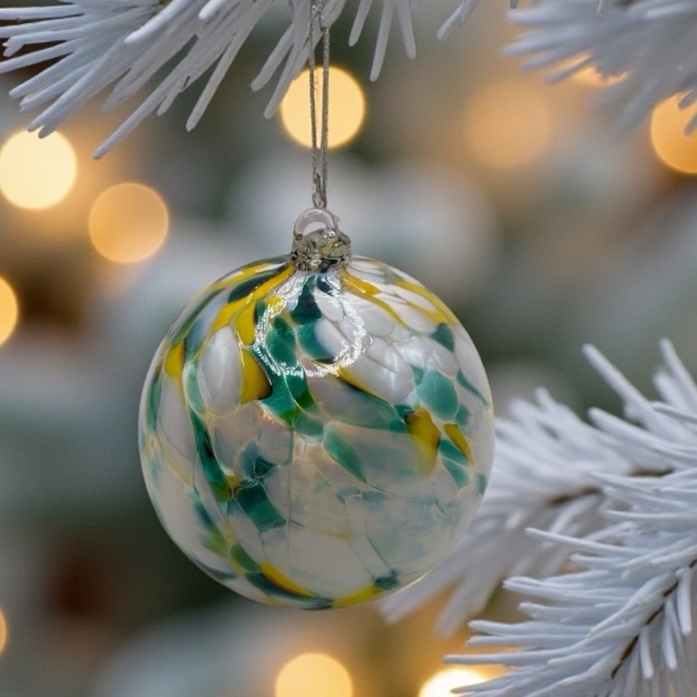 Zorza Hand-blown Green Yellow White Glass Ball Christmas Ornament Poland 4"